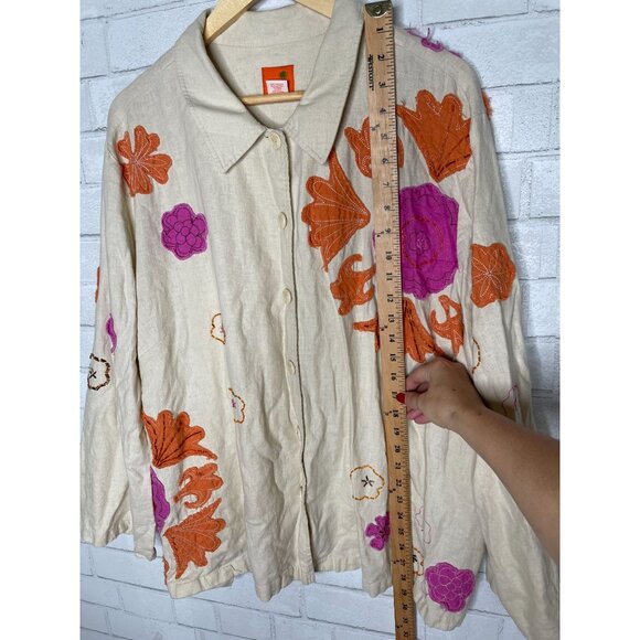 Hearts of Palm Womans 24 Embroidered LINEN Button Up Long Sleeve Shirt Tan Pink - Picture 8 of 8